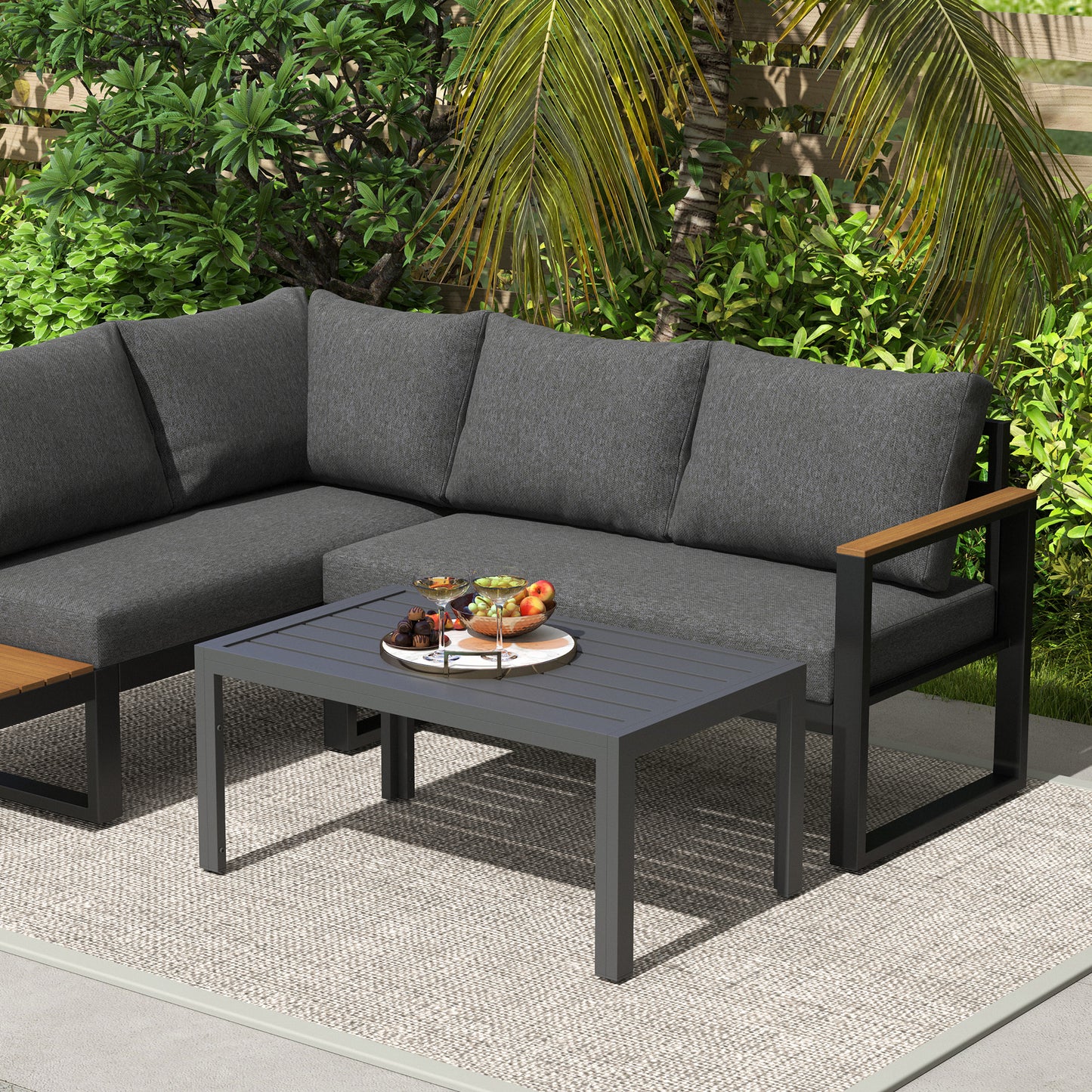 Outdoor Side Table, Rectangular Patio Coffee Side Table with Steel Frame and Slat Tabletop for Garden, Balcony, Grey