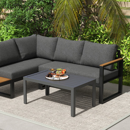 Outdoor Side Table, Rectangular Patio Coffee Side Table with Steel Frame and Slat Tabletop for Garden, Balcony, Grey