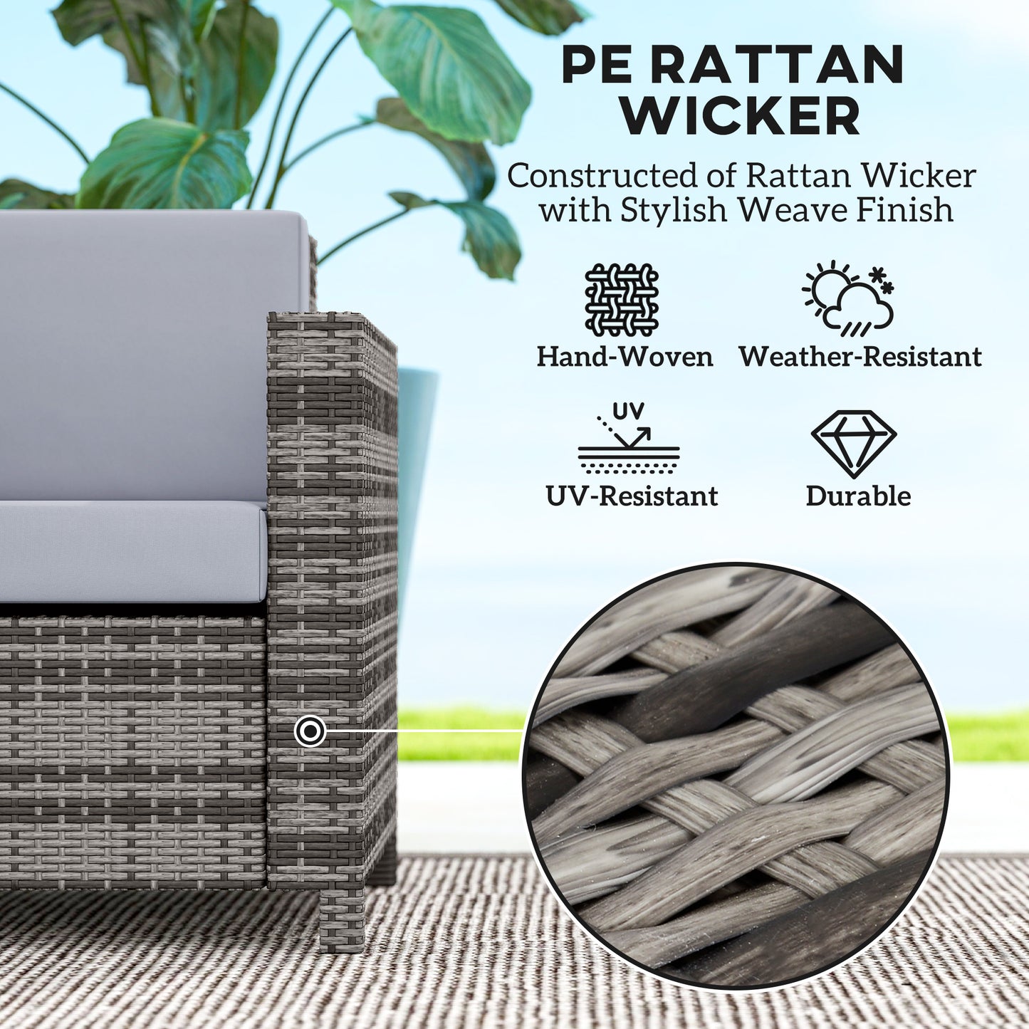 Rattan Sofa, 2 Seater Garden Furniture with Soft Padded Cushion and Armrests, Wicker Garden Loveseat for Patio, Mixed Grey