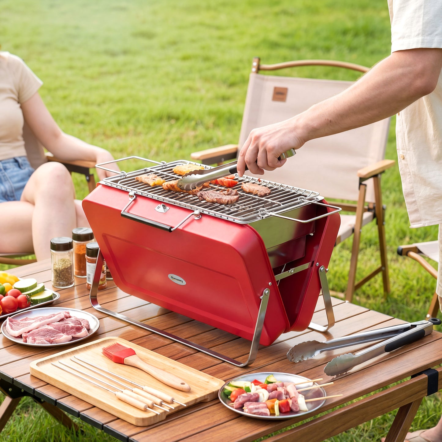 Portable Mini Charcoal Barbecue Grill with Suitcase Shell, Outdoor Folding Tabletop BBQ Grill, Red