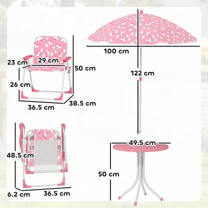 Kids Patio Table and Chair Set, Kids Garden Furniture with Umbrella, 4-Piece Bistro Set for Garden, Pink