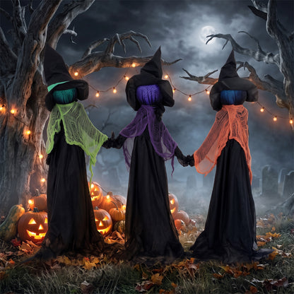 120cm Witches Holding Hands Halloween Decorations Outdoor Indoor, Scary Halloween Witch Decor with Light-Up Heads