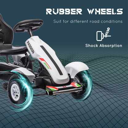 Pedal Go Kart, Kids Ride On Racer with Adjustable Seat, Inflatable Rubber Tyres, Handbrake for Ages 5-12 Years - White