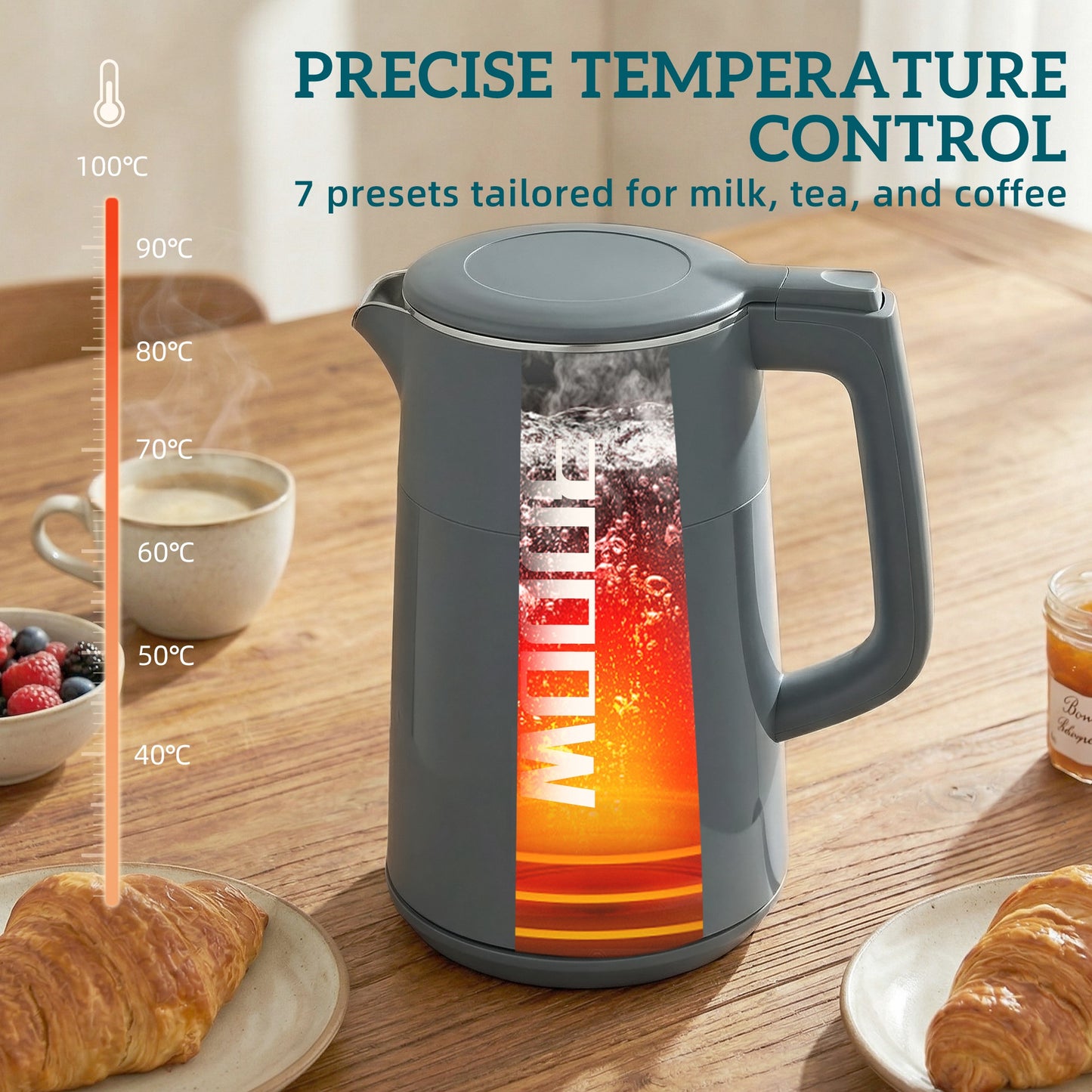 Electric Kettle, 1.7L Fast Boil 3kW Water Kettle with UK Strix Thermostat, LED Display, Keep Warm Function, Grey