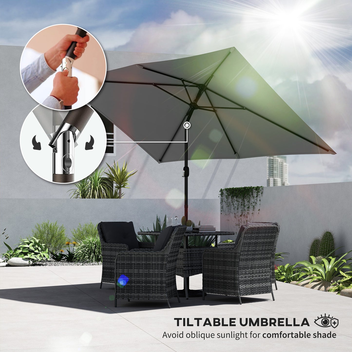 Garden Parasol, Parasol Umbrella with Crank Handle, Tilt Function, Polyester Canopy, Light Grey