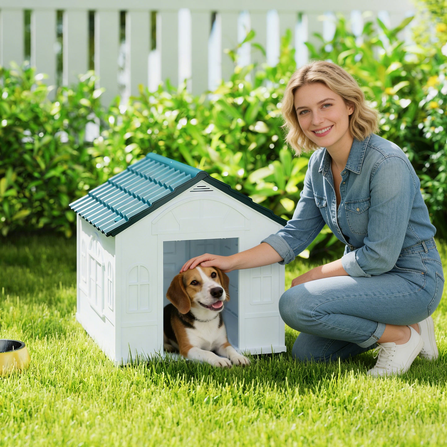 Plastic Weather-Resistant Dog House, for Indoors and Outdoors, Medium Dogs - White and Blue