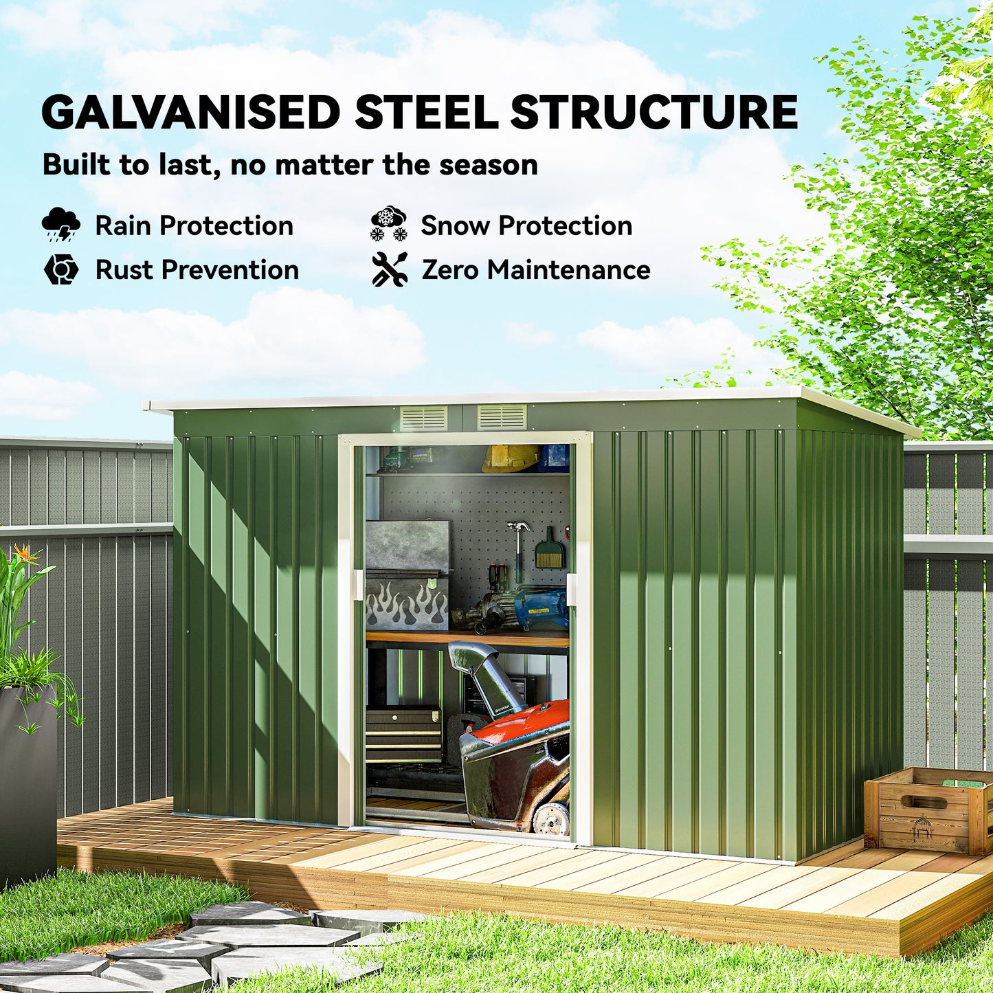 9ft x 4ft Metal Garden Shed, Outdoor Tool House with Foundation Kit, Ventilations and Double Doors, Light Green