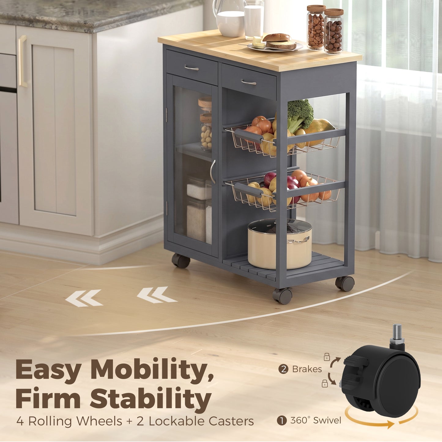Bamboo Kitchen Island, Rolling Kitchen Trolley with Glass Door, 2 Metal Wire Baskets and Adjustable Shelf, Grey