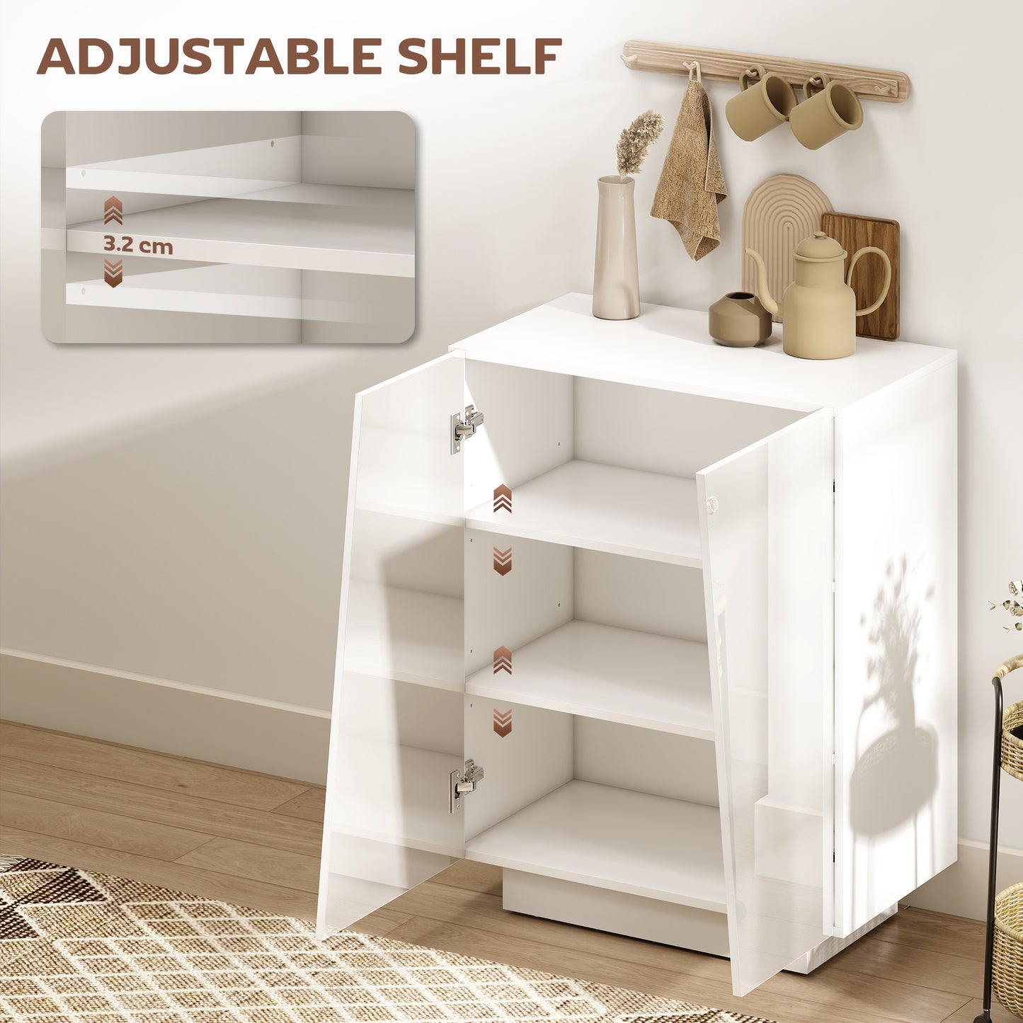High Gloss Storage Cabinet, Freestanding Storage Cupboard with Adjustable Shelves for Living Room, Bedroom, Hallway, White