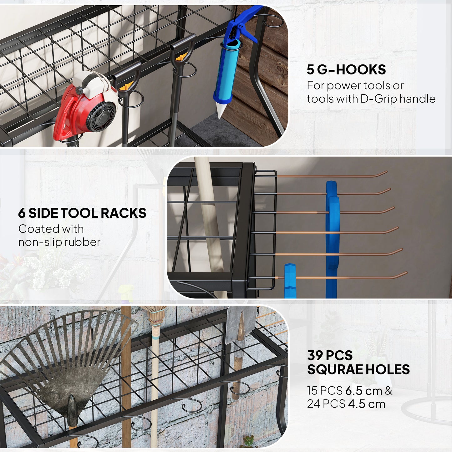 Garden Tool Storage Rack, 3-Tier Garden Tool Rack with 11 Hooks for Long-Handled, Broom, Shovel, Rake, Holds 20 Tools