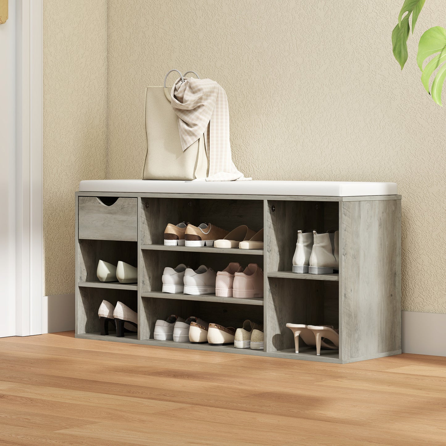 Shoe Storage Bench with Cushion - Grey