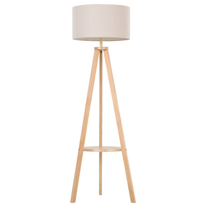 Tripod Floor Lamp, Freestanding Bedside Light Reading Light with Storage Shelf and Linen Shade for Living Room Bedroom