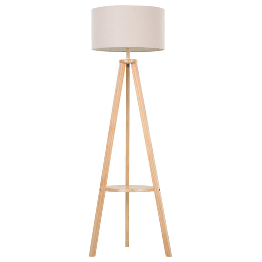 Tripod Floor Lamp, Freestanding Bedside Light Reading Light with Storage Shelf and Linen Shade for Living Room Bedroom