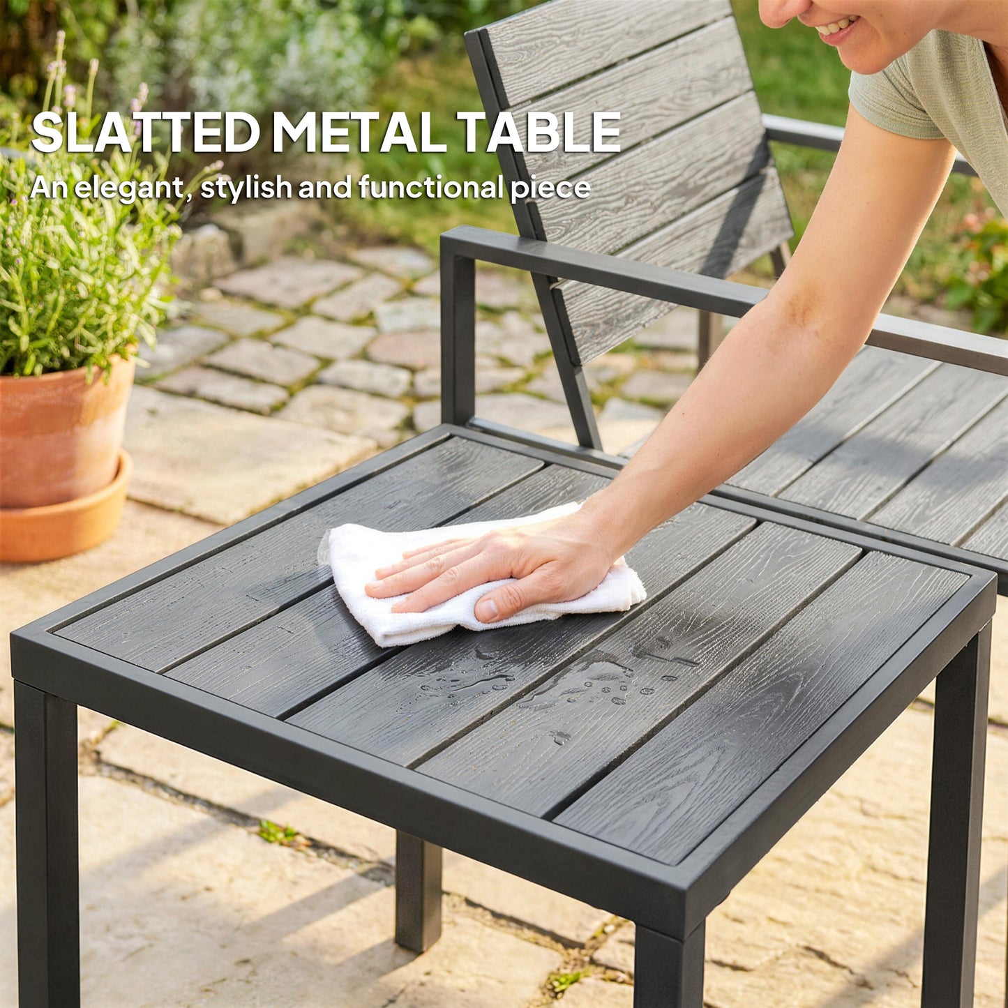 3 Pieces Garden Bistro Set for 2, Outdoor Bistro Table and Chairs with Metal Frame, Plastic Patio Furniture Set