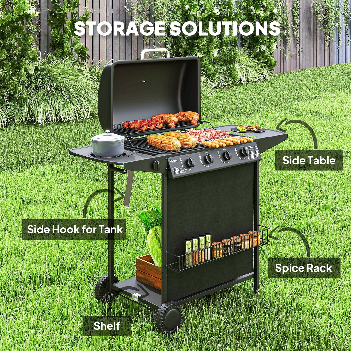 4+1 Burner Gas BBQ Grill, Portable Gas Barbecue Grill with Built-in Thermometer, Lid, Side Table, Shelf, Spice Rack, Wheels