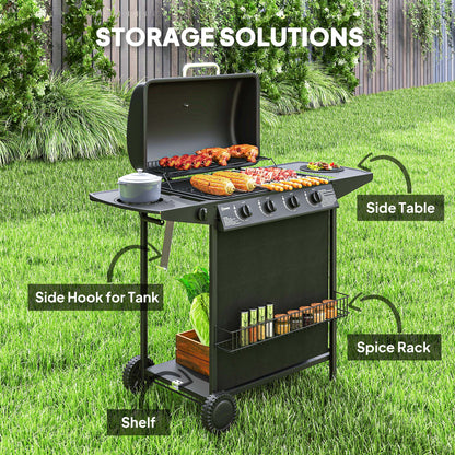 4+1 Burner Gas BBQ Grill, Portable Gas Barbecue Grill with Built-in Thermometer, Lid, Side Table, Shelf, Spice Rack, Wheels