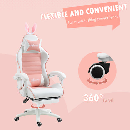 Racing Gaming Chair, Reclining PU Leather Computer Chair with Removable Rabbit Ears, Footrest, Headrest and Lumber Support