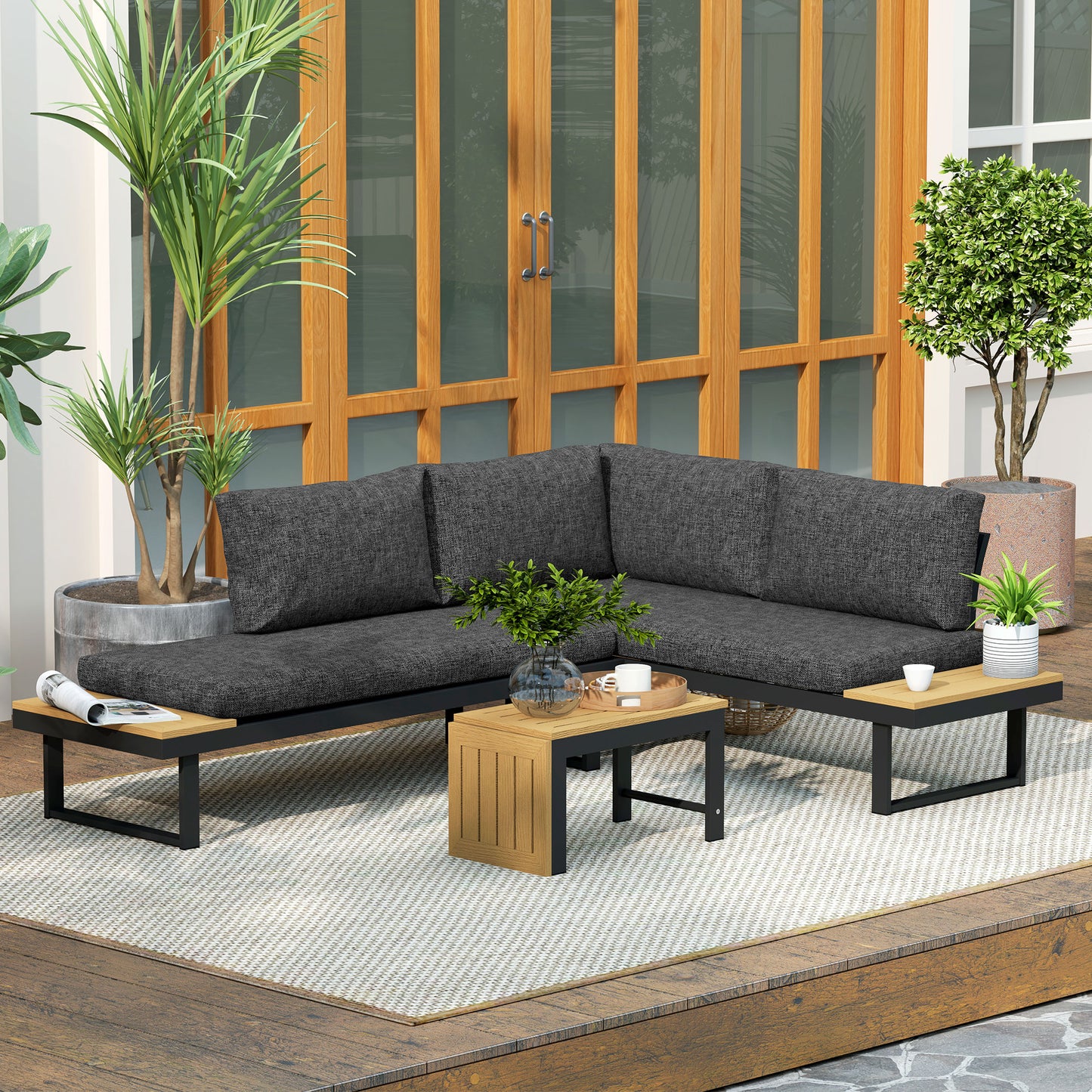 4 Seater L Shaped Aluminium Sectional Garden Furniture Set with 2 Loveseats and Wood-Plastic Coffee Table - Natural Wood