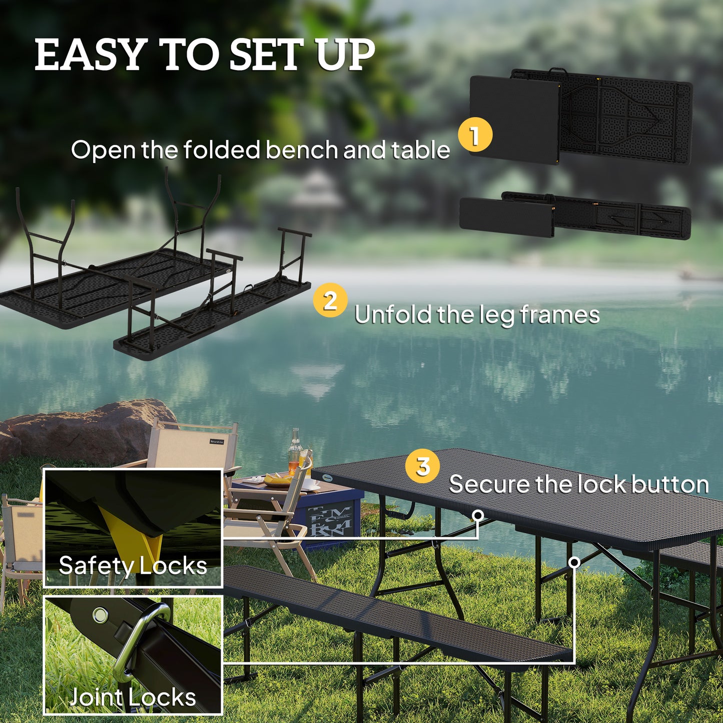 Folding Picnic Table and Bench Set, Rattan Effect Portable Camping Table and Chairs with Carrying Handles for Indoor Outdoor