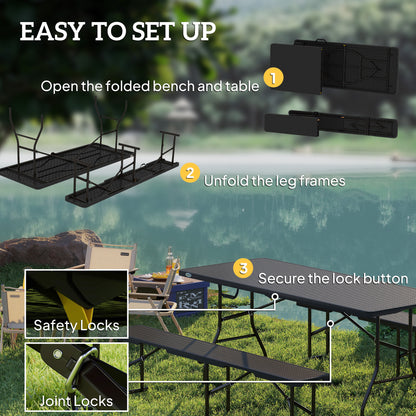Folding Picnic Table and Bench Set, Rattan Effect Portable Camping Table and Chairs with Carrying Handles for Indoor Outdoor