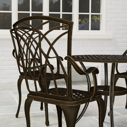 5 Pieces Garden Dining Set for 4, Cast Aluminium Outdoor Dining Set with 4 Armchairs and Round Dining Table with Parasol Hole