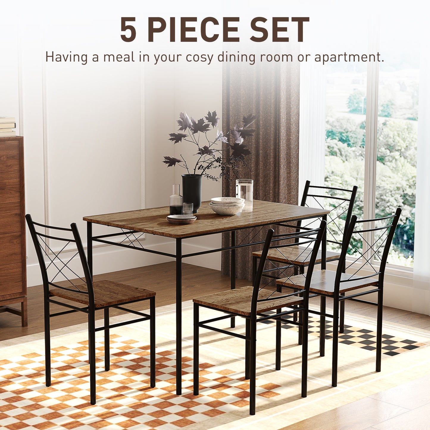 Five-Piece Minimal Dining Set - Oak-Effect/Black
