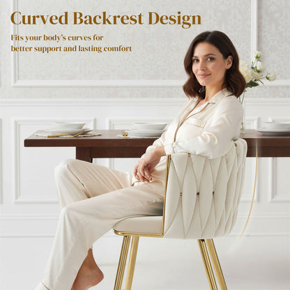 Velvet-Feel Dining Chairs Set of 2, Modern Upholstered Armchair with Knot Design and Golden Metal Legs