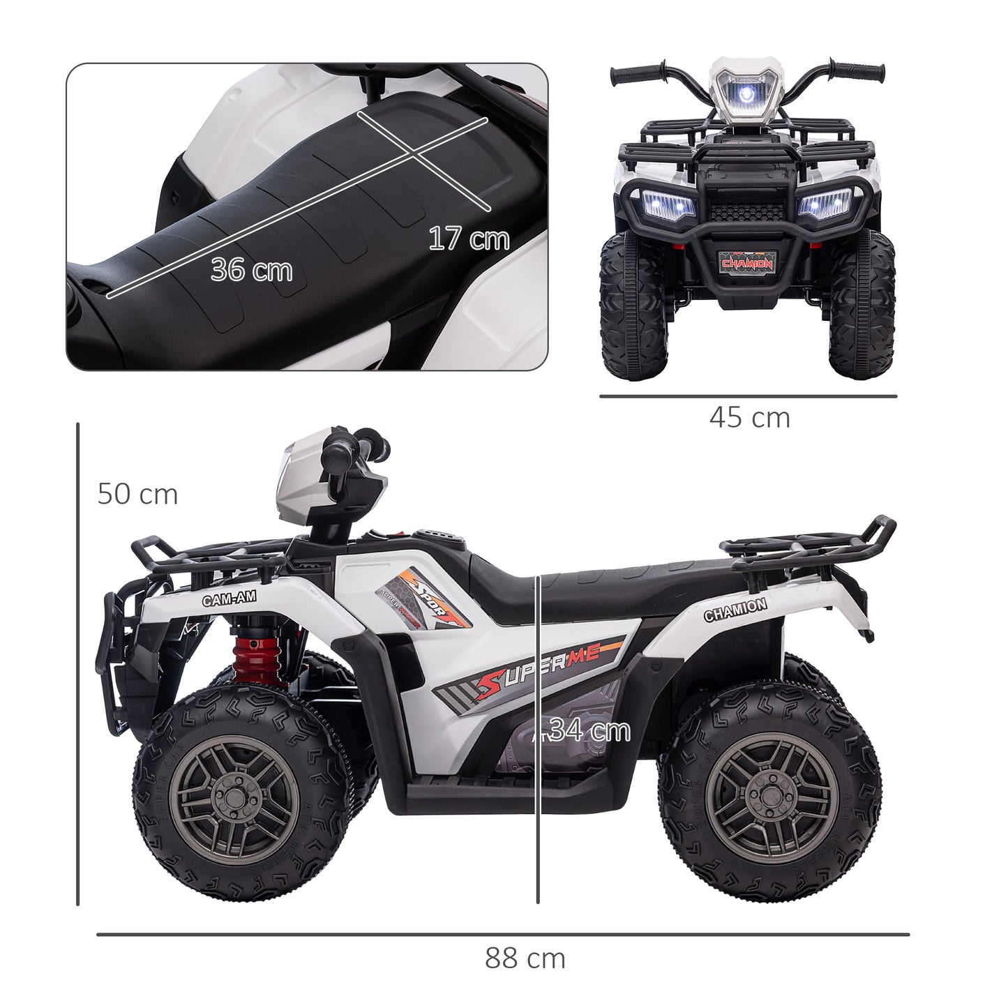 12V Kids Quad Bike with Forward, Reverse Functions, Ride-On ATV w/ Music, LED, Headlights, for Ages 3-5 Years - White