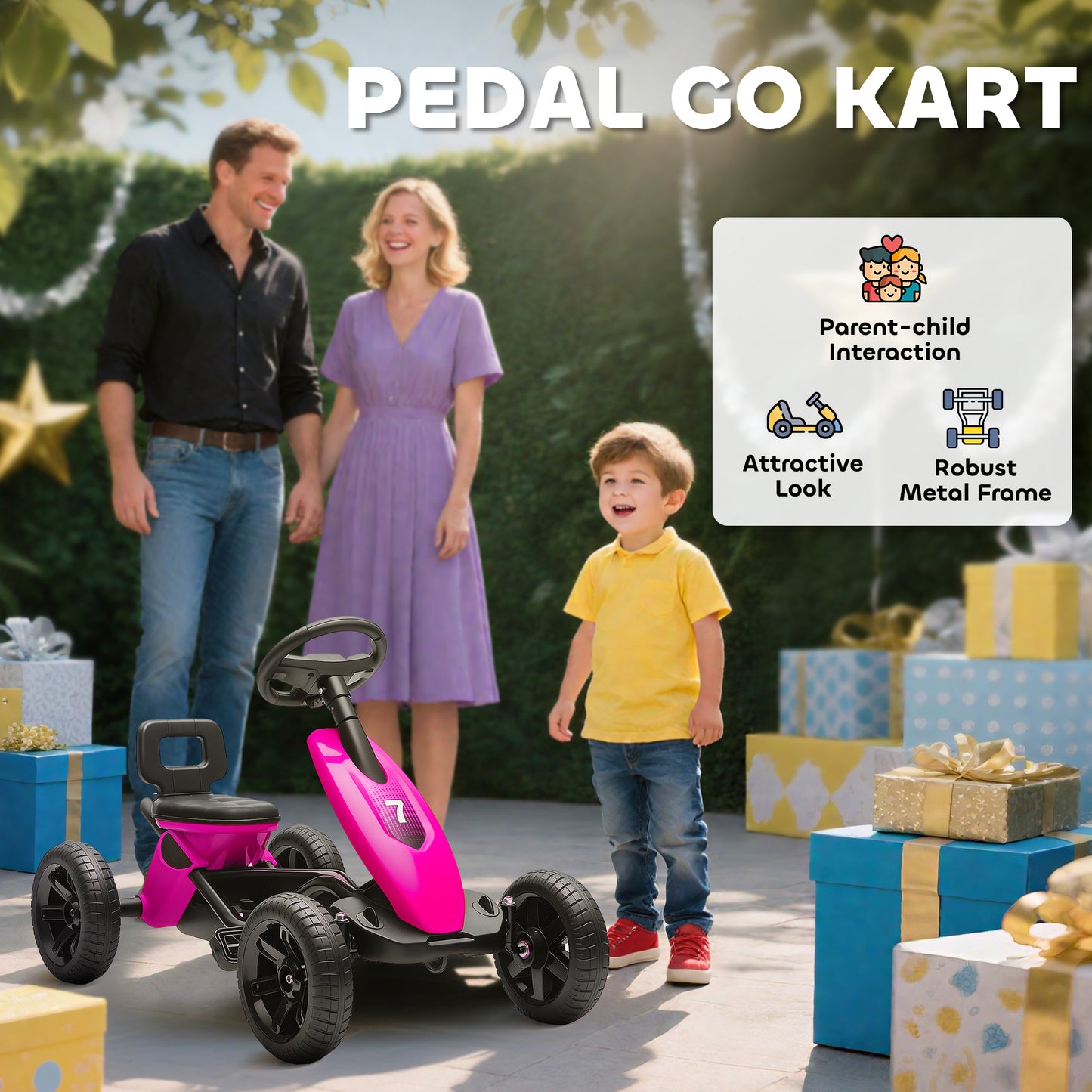 Pedal Go Kart for Kids 2-5 Years, with Silent EVA Wheels, Metal Frame, Pink