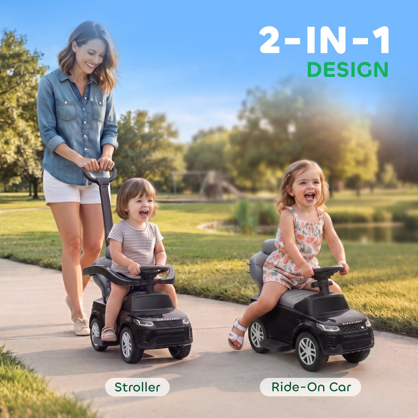 Land Rover Discovery Licensed Baby Push Car, 2-in-1 Ride on Car with Push Handle and Safety Guardrail, Black