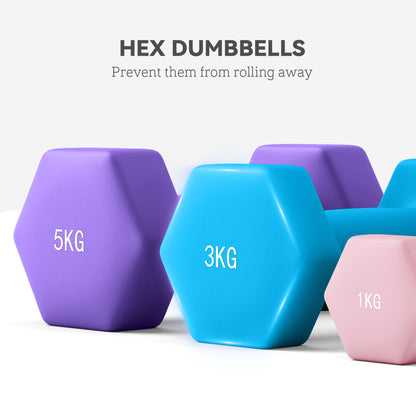 Dumbbells Set with Storage Rack, 2 x 1kg, 2 x 3kg, 2 x 5kg, Pink