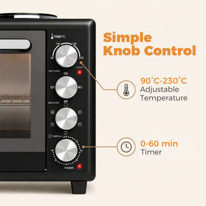 46L Mini Oven with Dual Hot Plates, Electric Countertop Cooker with Convection, 90–230°C Adjustable Temperature