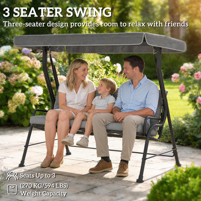 3-Seater Garden Swing Seat, Outdoor Swing Chair with Adjustable Waterproof Canopy, Light Grey