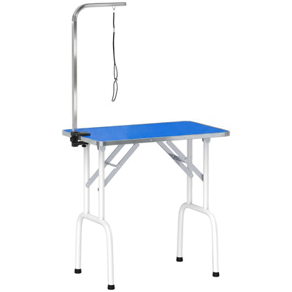 32" Foldable Dog Grooming Table Pet Drying Beauty Table Adjustable Fixed Arm Rubber Top, Blue