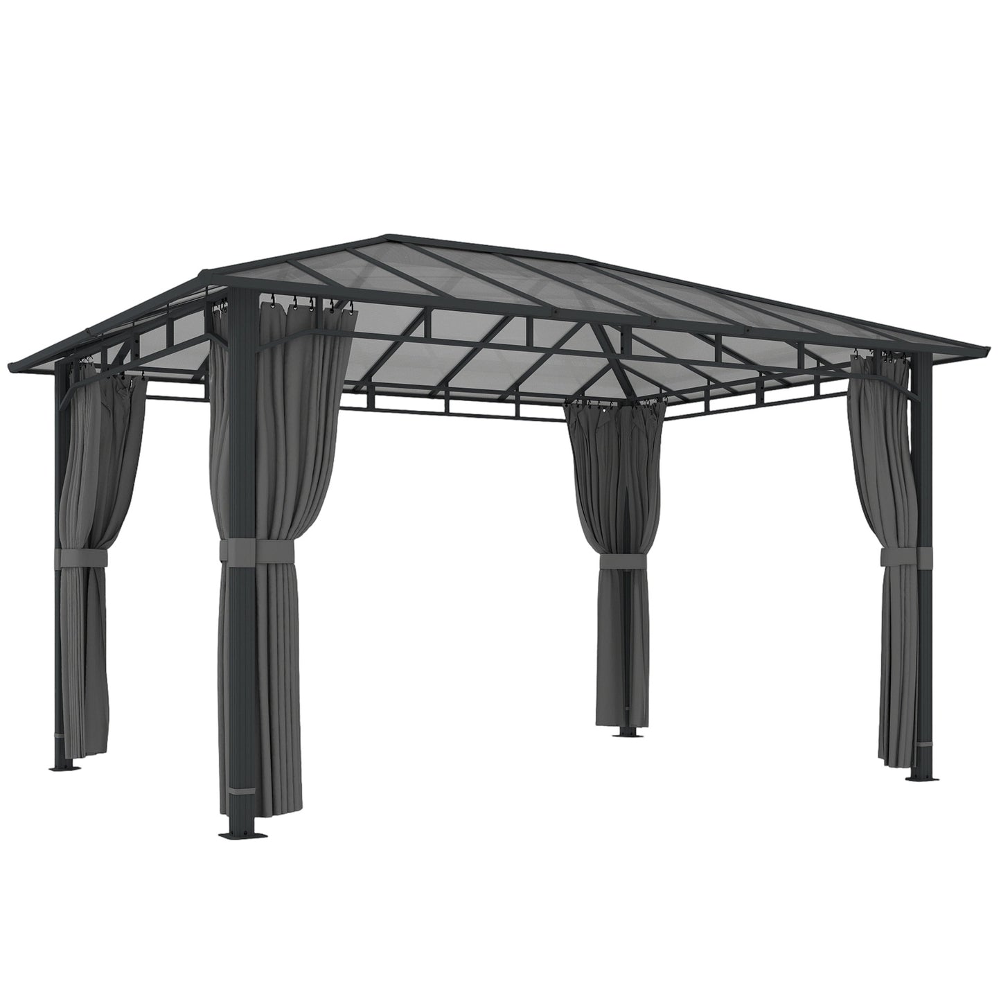 3 x 4 m Outdoor Hardtop Gazebo Canopy with PC Roof, Aluminium Permanent Pavilion Garden Gazebo with Curtains, Dark Grey