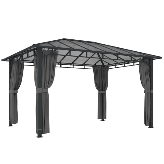 3 x 4 m Outdoor Hardtop Gazebo Canopy with PC Roof, Aluminium Permanent Pavilion Garden Gazebo with Curtains, Dark Grey