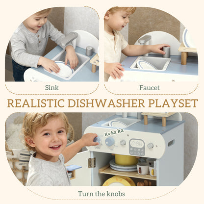 Wooden Dishwasher Playset, Kitchen Sink Toys with Faucet, Sink and Accessories, Gift for Boys Girls Toddlers