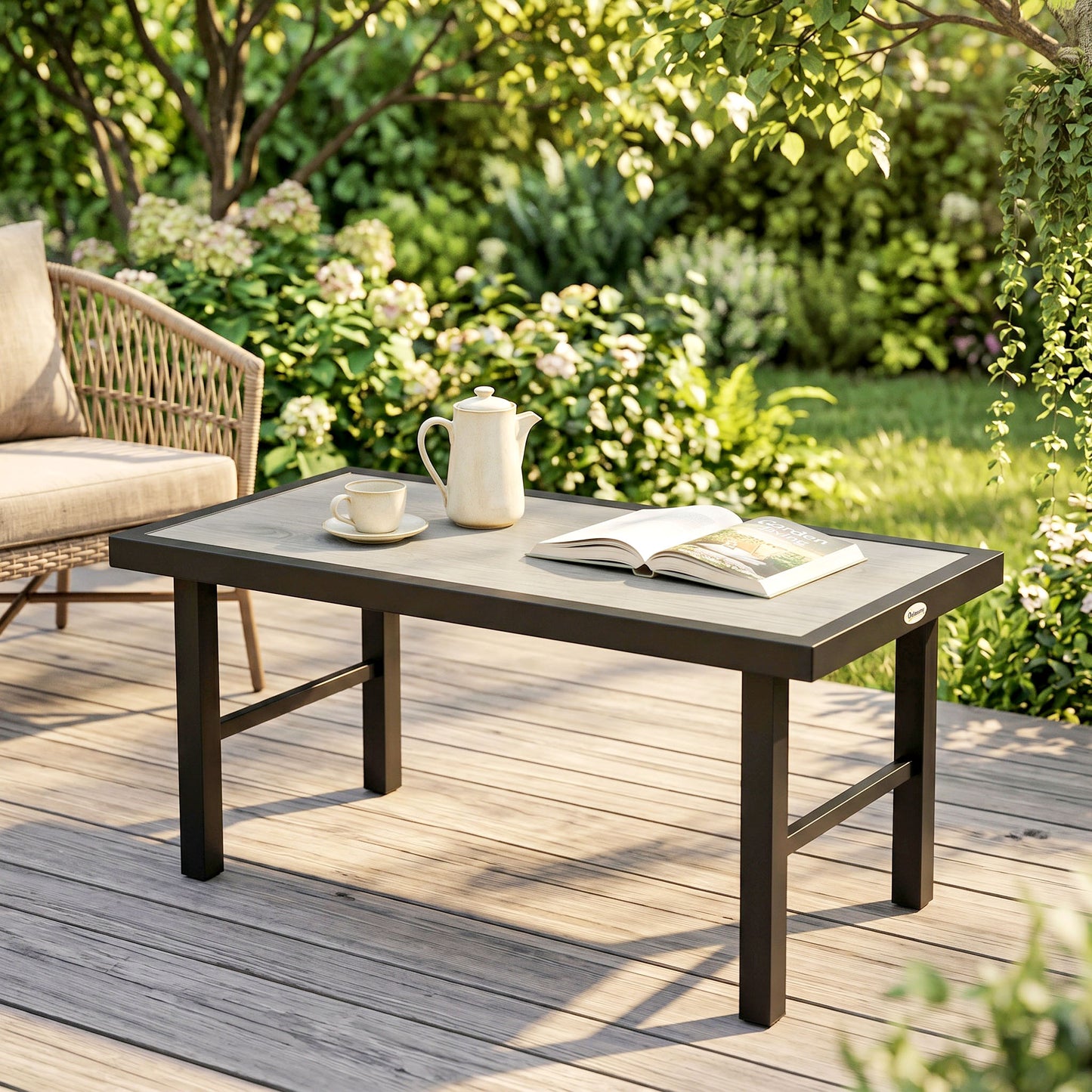 Metal Garden Coffee Table, Outdoor Side Table with SPC Woodgrain Tabletop for Outside, Garden, Balcony, Porch