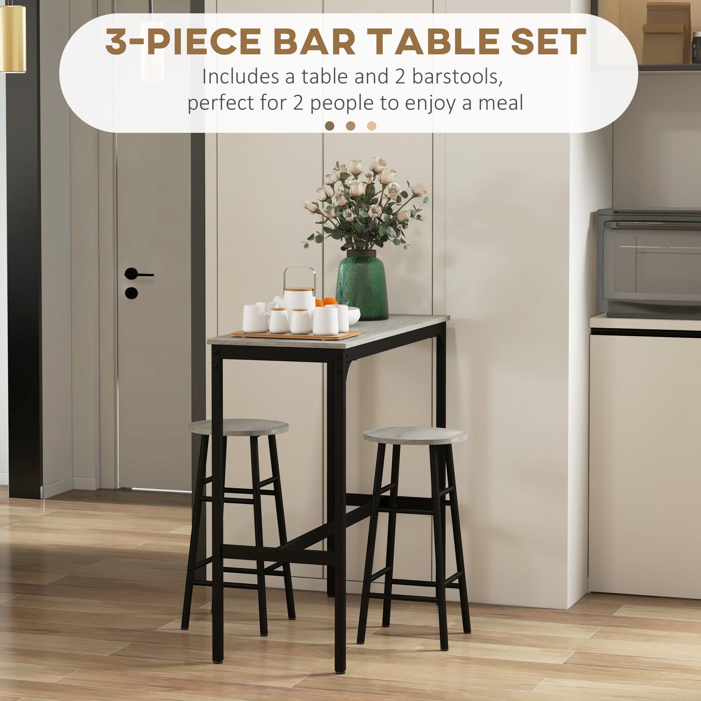 3 Piece Bar Table Set with 2 Stools, Industrial Bar Table and Stool Set, Dining Table and Chair Set, Grey