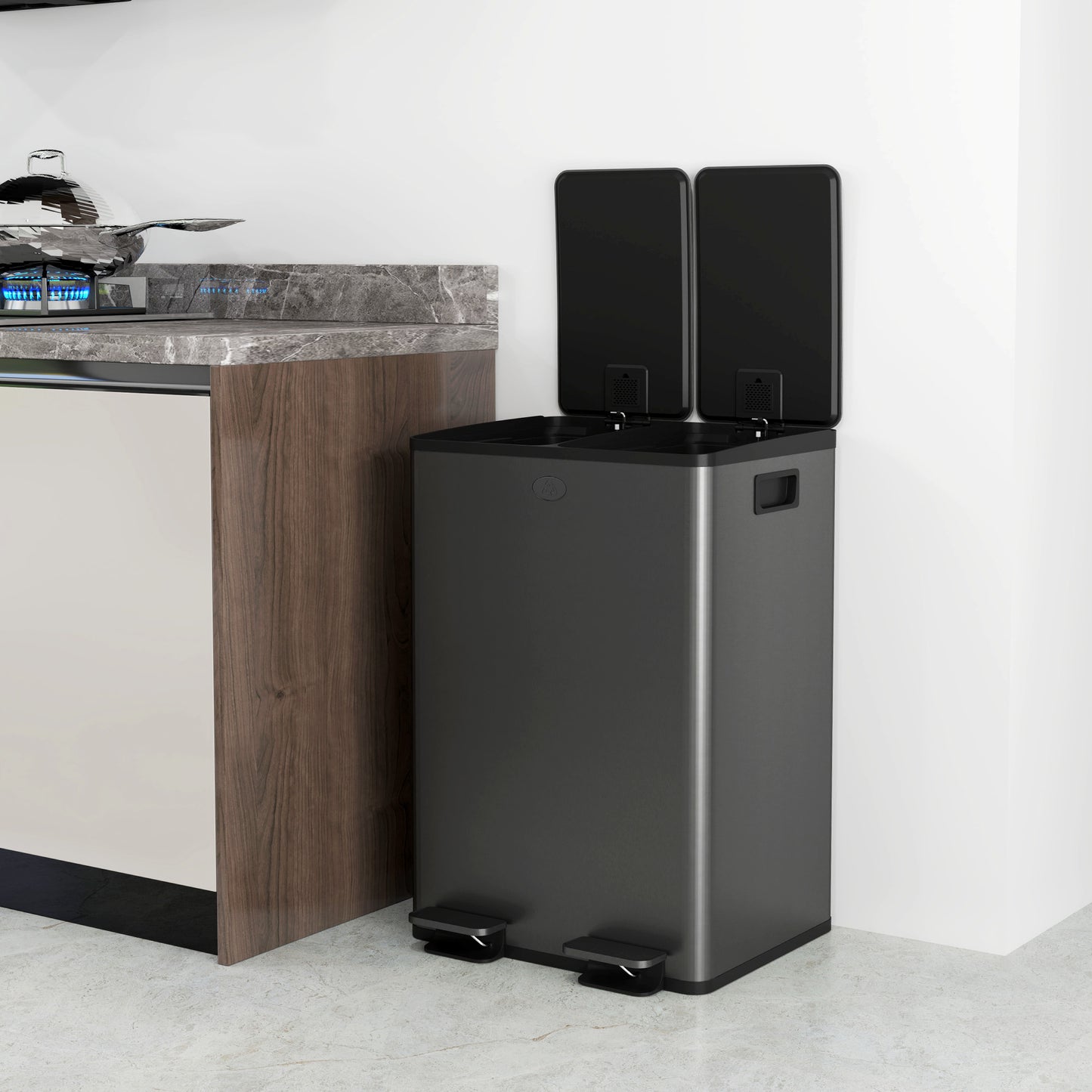 56L Dual Compartment Stainless Steel Bin, with Deodoriser Holders - Black