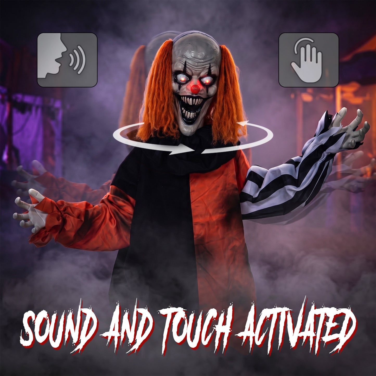 Animated Halloween Face Changing Clown, Animatronic Joker with Cackling Sound, Glowing Eyes, Sound/Touch Activated