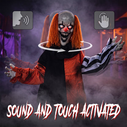 Animated Halloween Face Changing Clown, Animatronic Joker with Cackling Sound, Glowing Eyes, Sound/Touch Activated