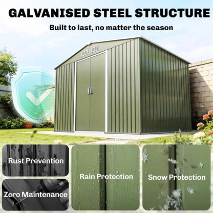 9 x 6ft Metal Garden Shed, Waterproof Outdoor Bike Storage Shed Galvanised with Vents, Foundation Kit