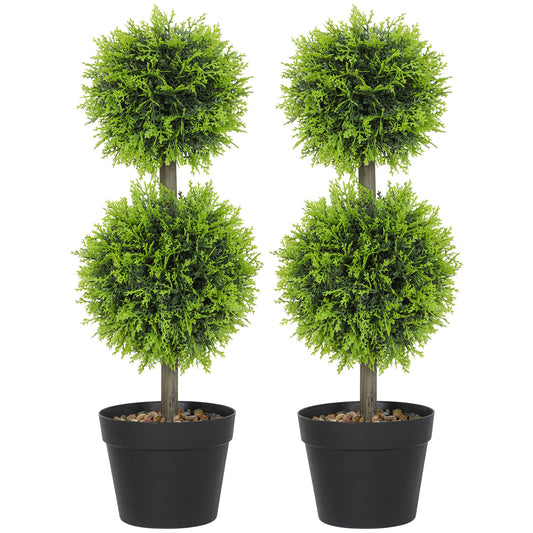 Set of 2 Decorative Artificial Trees, Topiary Ball-shaped Boxwood Trees in Pot with Cypress Leaves