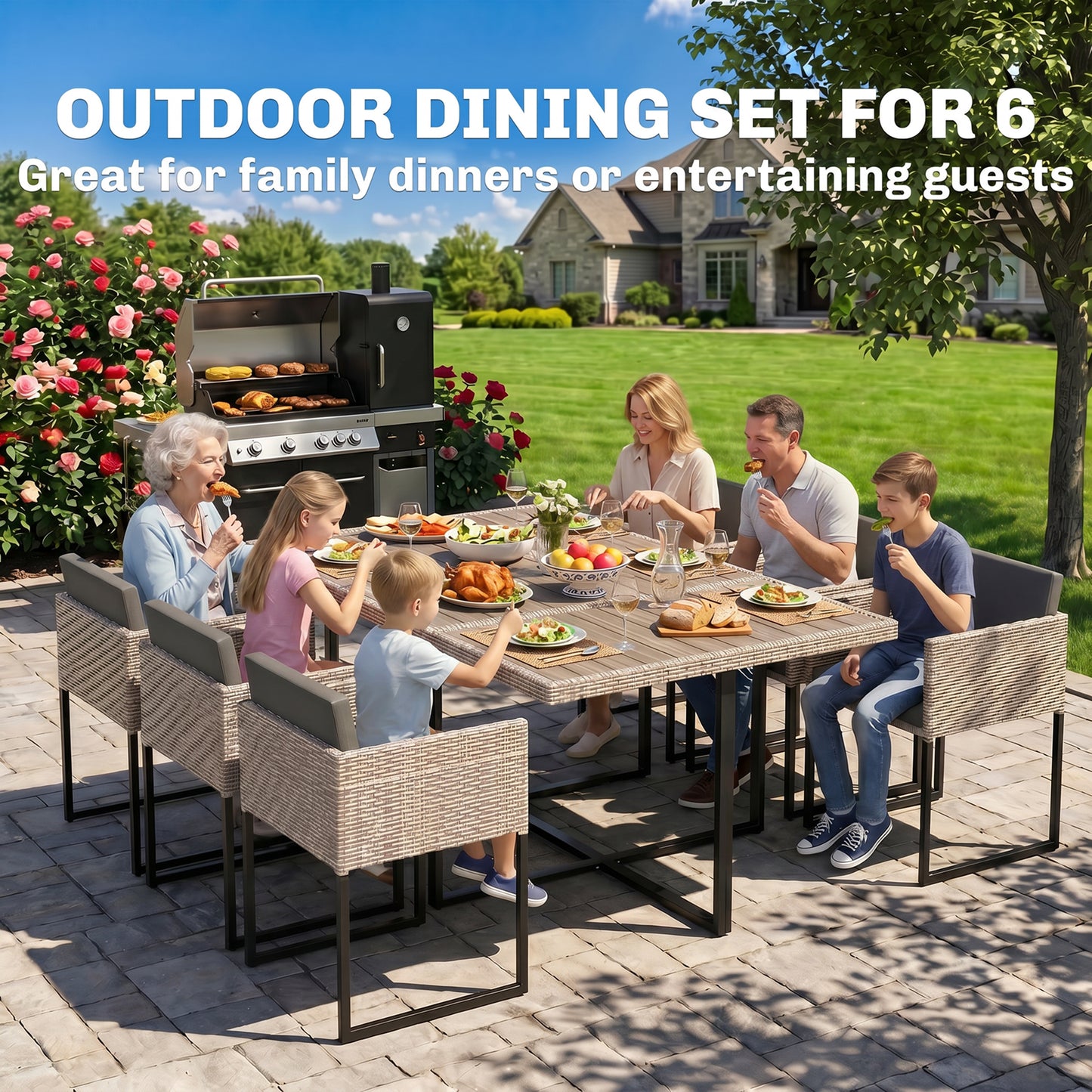 7 Piece Rattan Garden Furniture Set, Garden Dining Set with Wood-Plastic Table and 6 Stackable Chairs, Light Grey