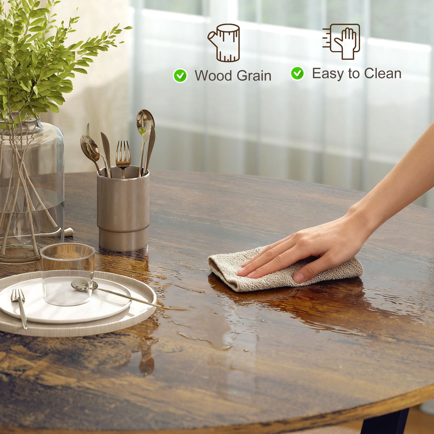 Dining Table, Round Kitchen Table with Black Legs, Anti-slip Foot Pads for Living Room, Dining Room 90 x 76 cm, Rustic Brown