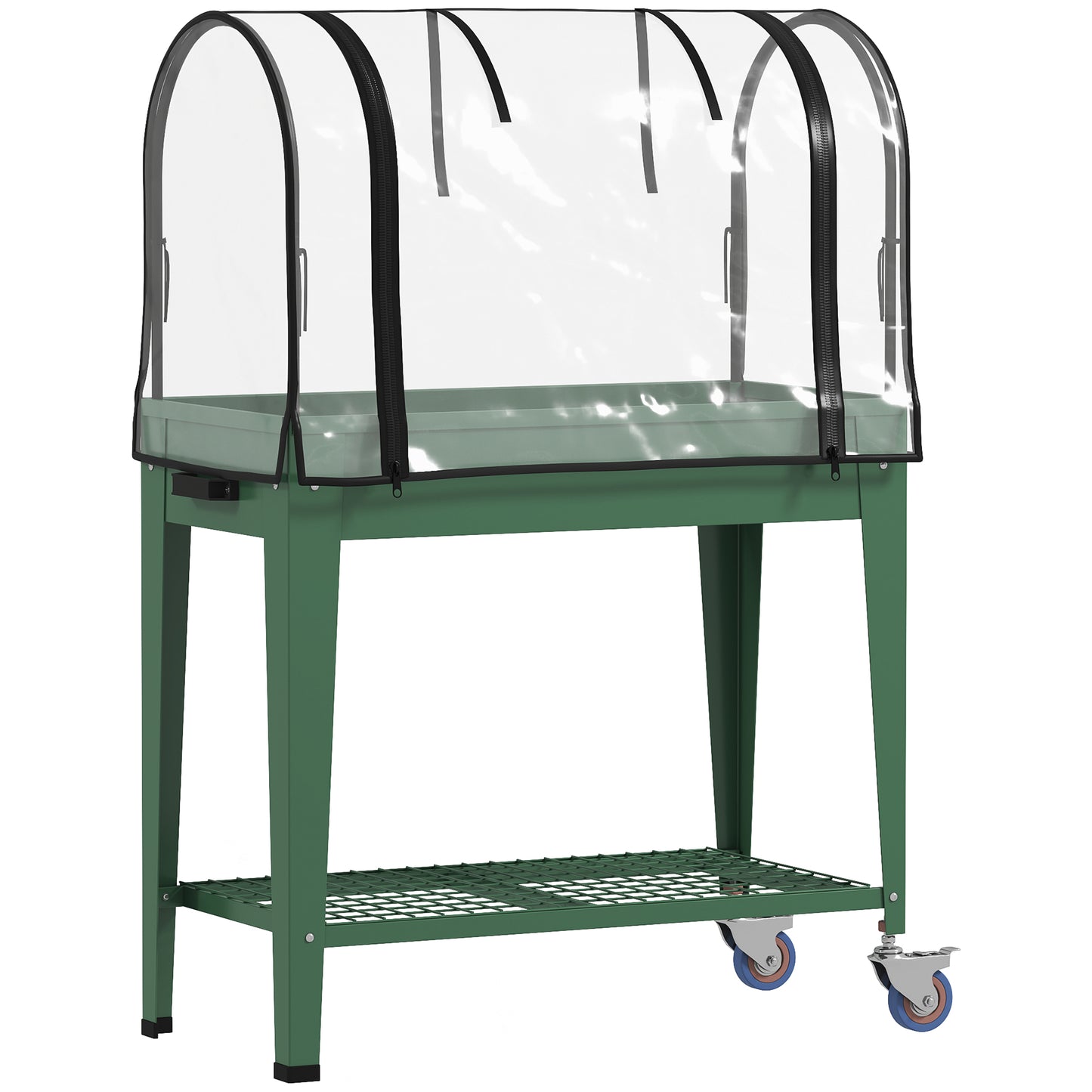 Raised Planter with Greenhouse Cover, Mobile Elevated Garden Bed with Wheels and Bottom Shelf for Vegetables, Green