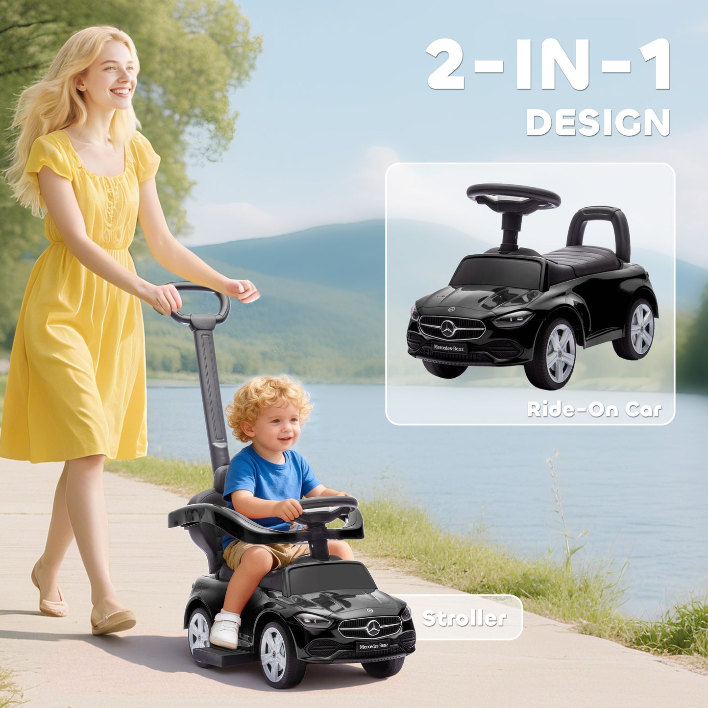 2 in 1 Baby Ride on Push Car Mercedes-Benz C-Class Licensed Walker Foot to Floor Push-Along with Removable Handle, Black
