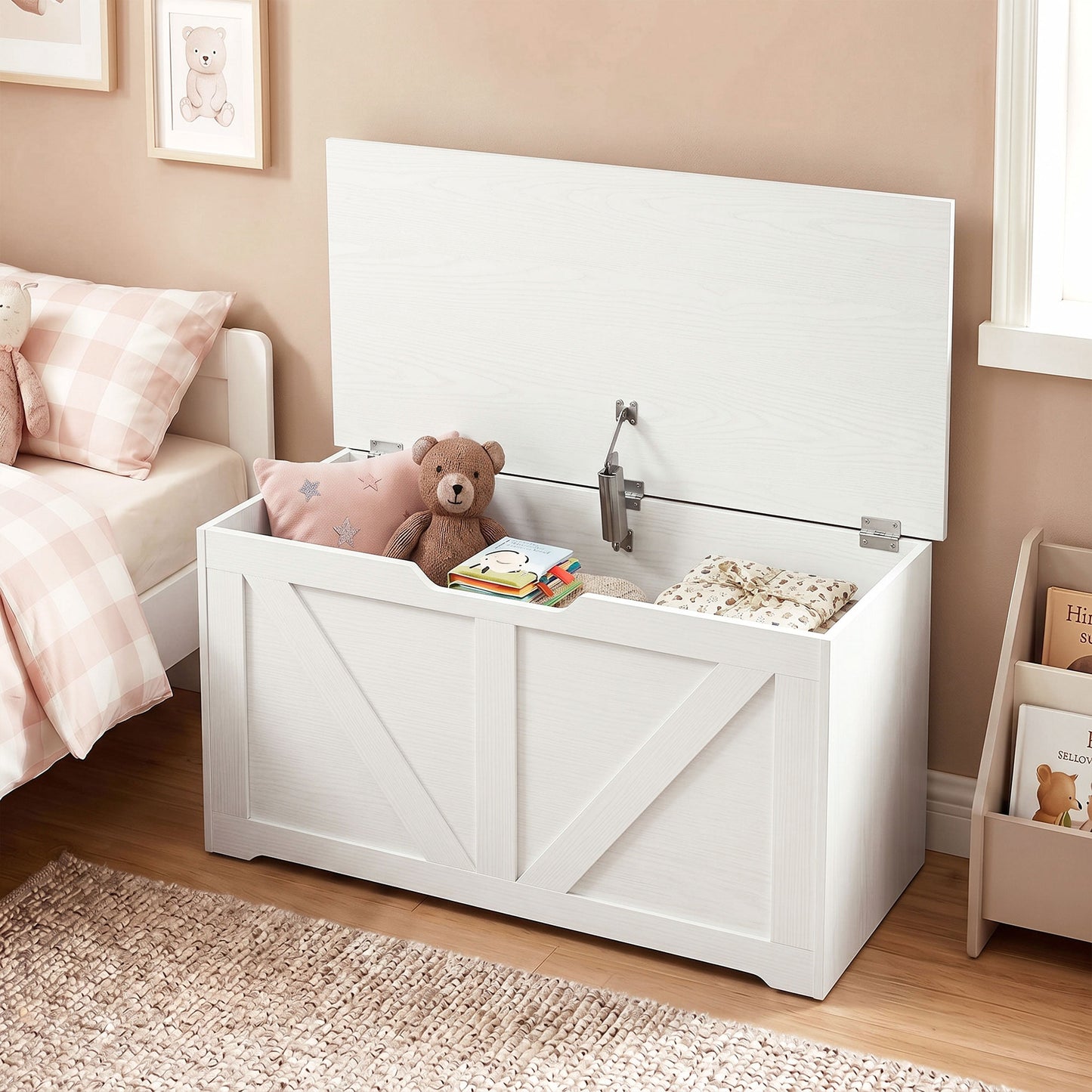 100L Home Storage Box, with Safety Hinge - White Wood-Effect