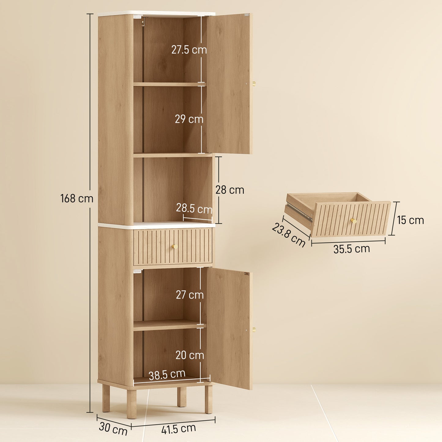 Slim Bathroom Cabinet with Silent Drawer Rail for Scandinavian, Japanese Styles - Wood-Effect